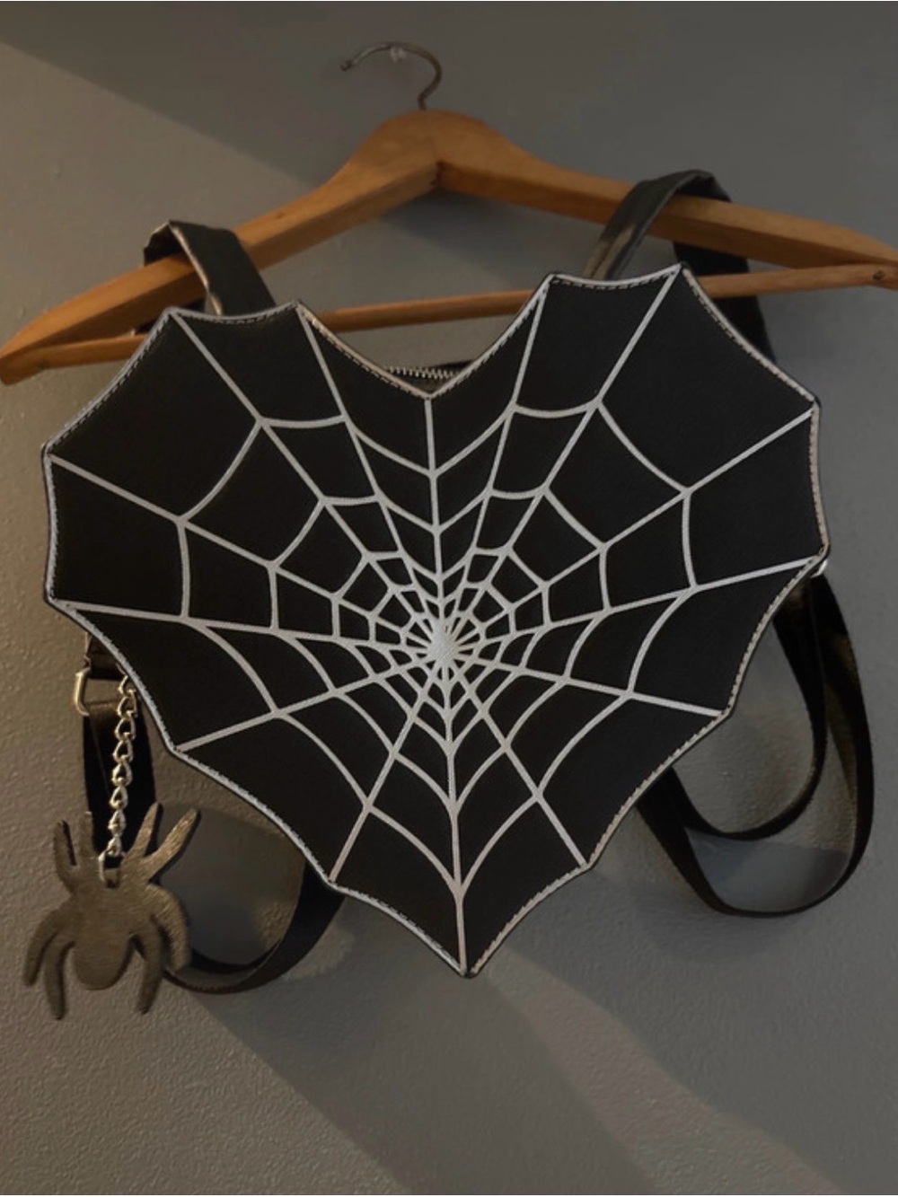 Goth Black Spiderweb Backpack With Spider Keychain Accessory